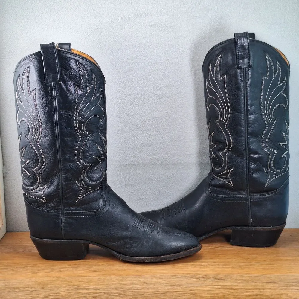 Jama Old West Men's 10D Slip-On Cowboy Boots Black Leather Embroidered Vintage
